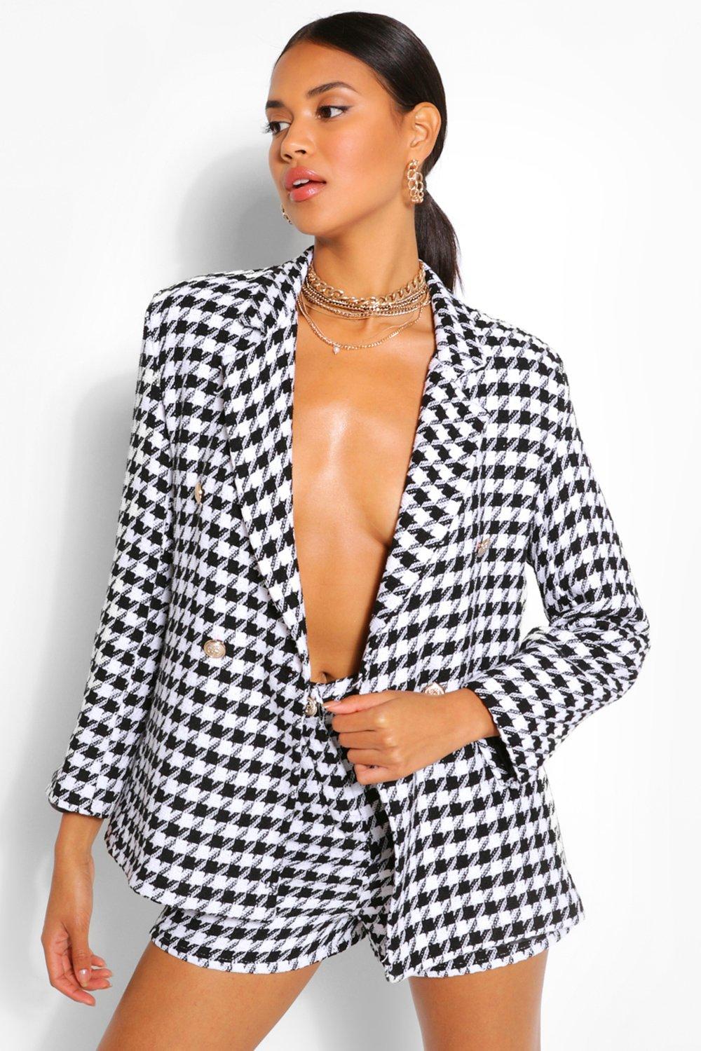 Black Dogtooth Gold Button Double Breast Blazer