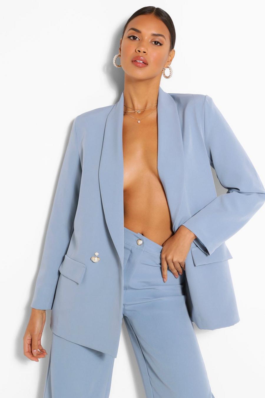 Blue Tailored Relaxed Pearl Button Blazer image number 1