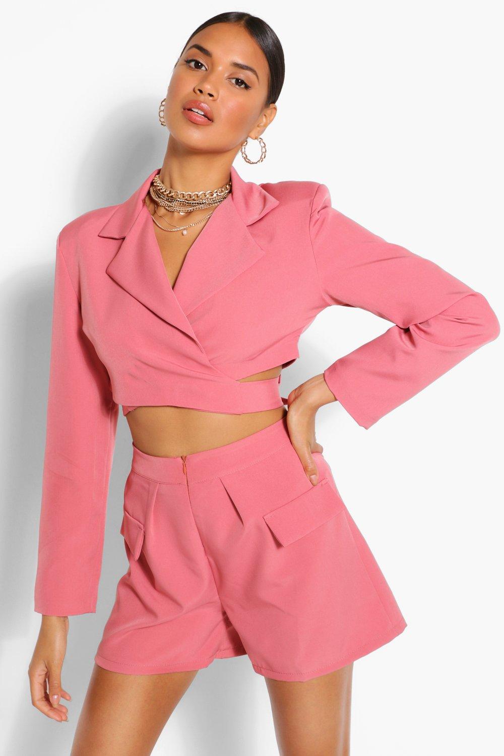 Apricot Tailored Wrap Tie Crop Blazer