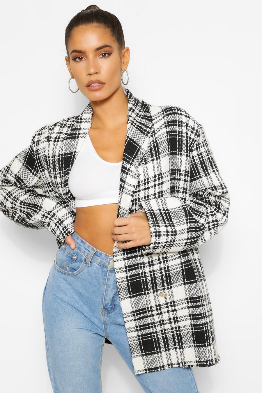 Black Check Boucle Double Breasted Boxy Blazer image number 1