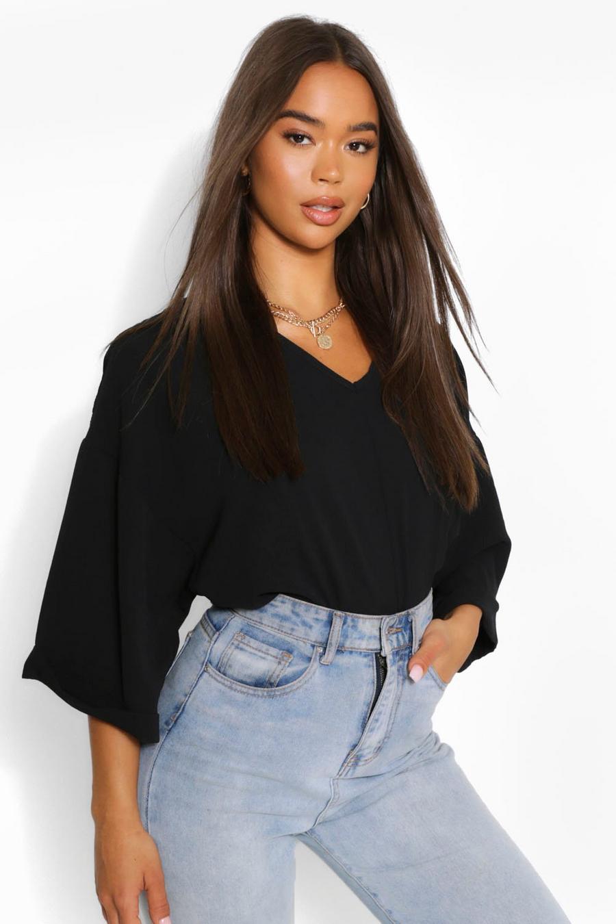Black Woven Oversize Roll Sleeve Blouse image number 1