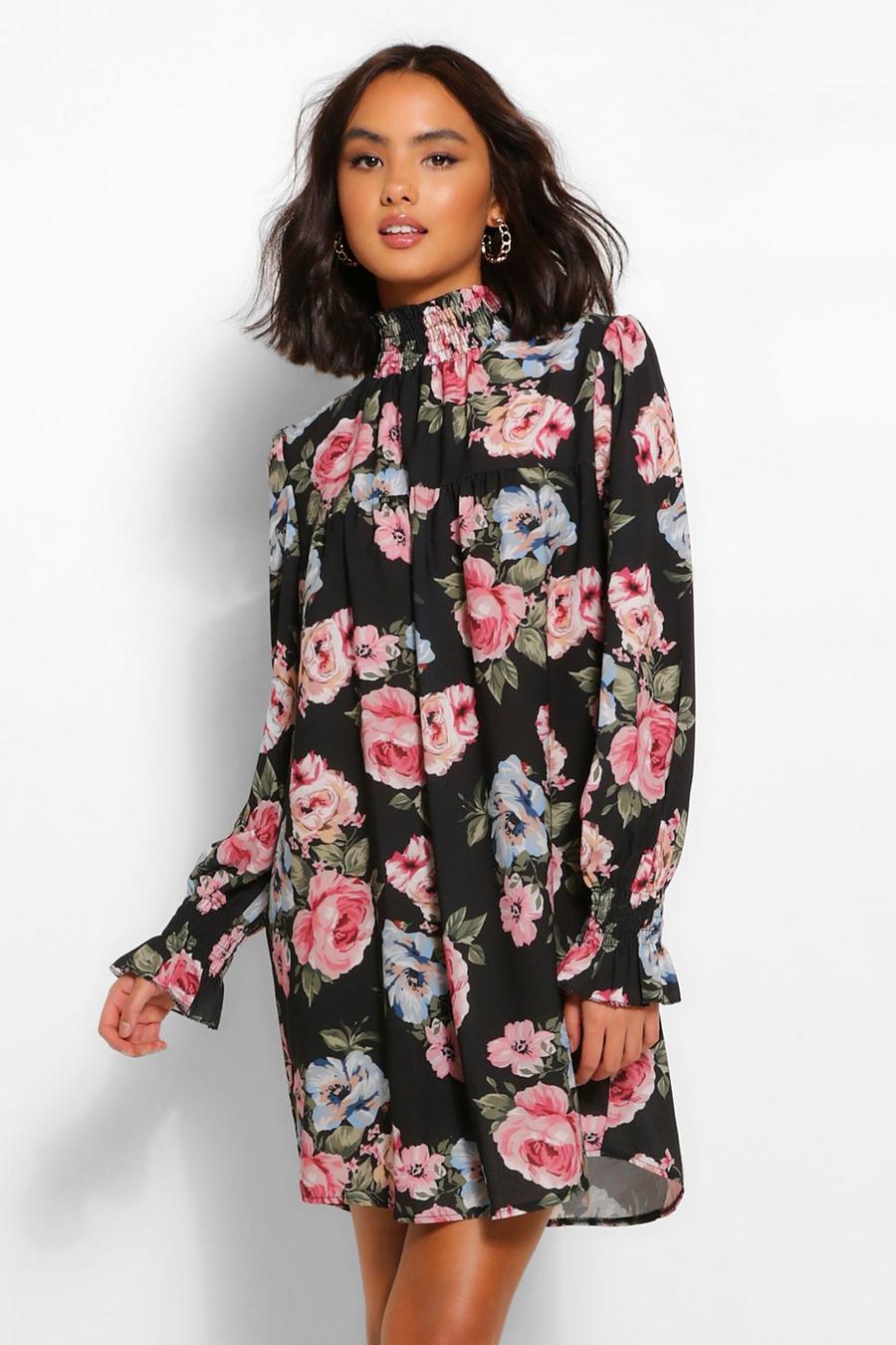 Hochgeschlossenes, kurzes Kleid mit Blumen-Print und Smok-Detail, Schwarz image number 1
