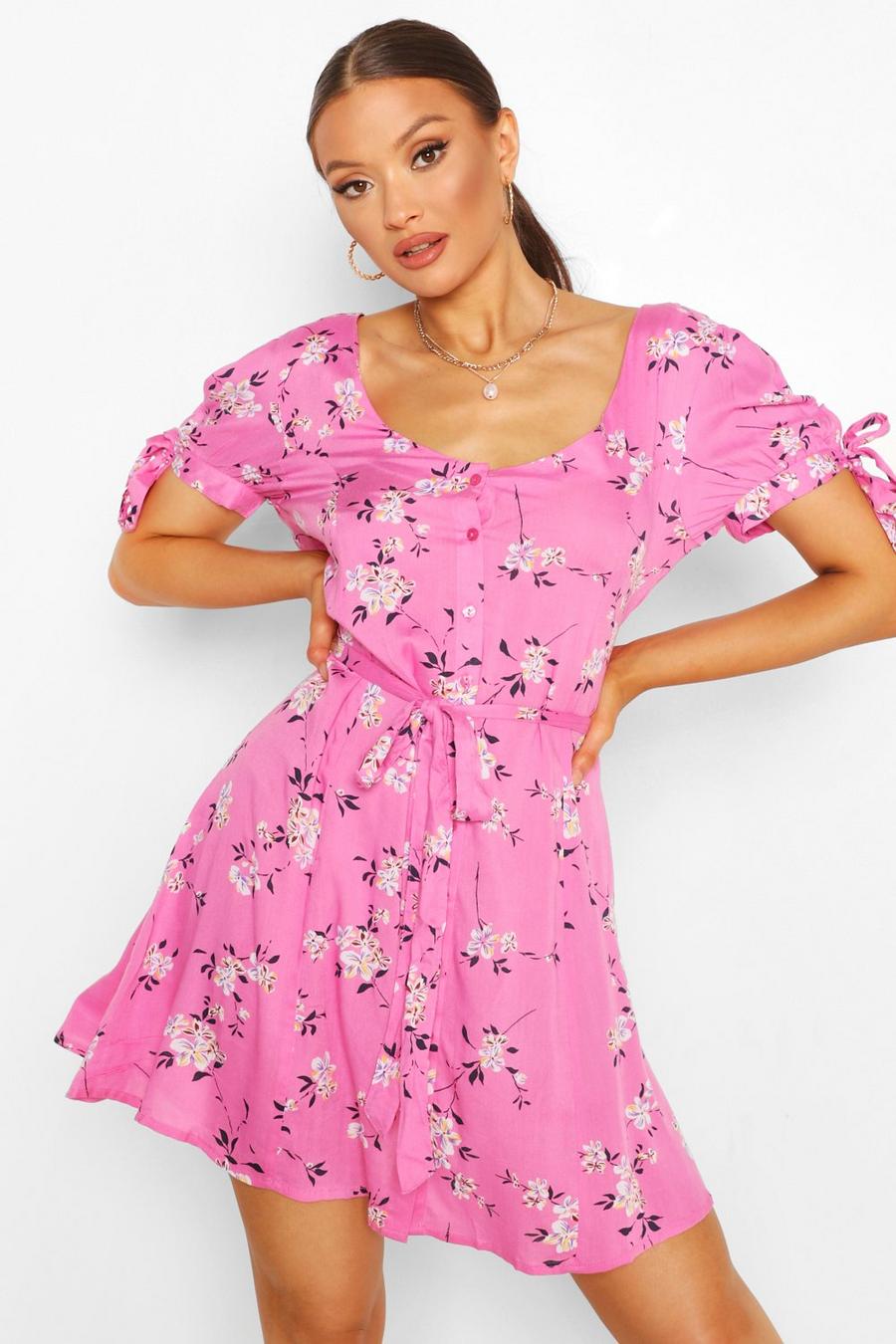 Pink Blommig skaterklänning med knytdetaljer image number 1