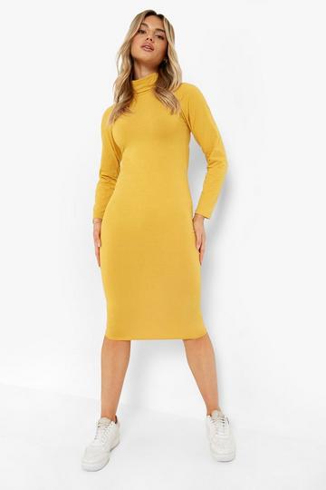Basics Long Sleeve Turtleneck Midi Dress mustard