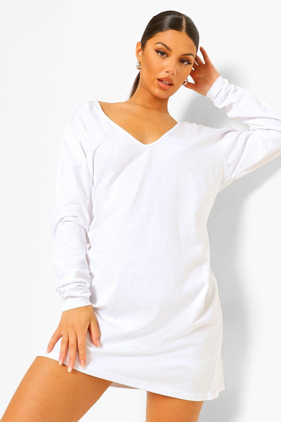 White Basic Long Sleeve V Neck T-shirt Dress image number 1