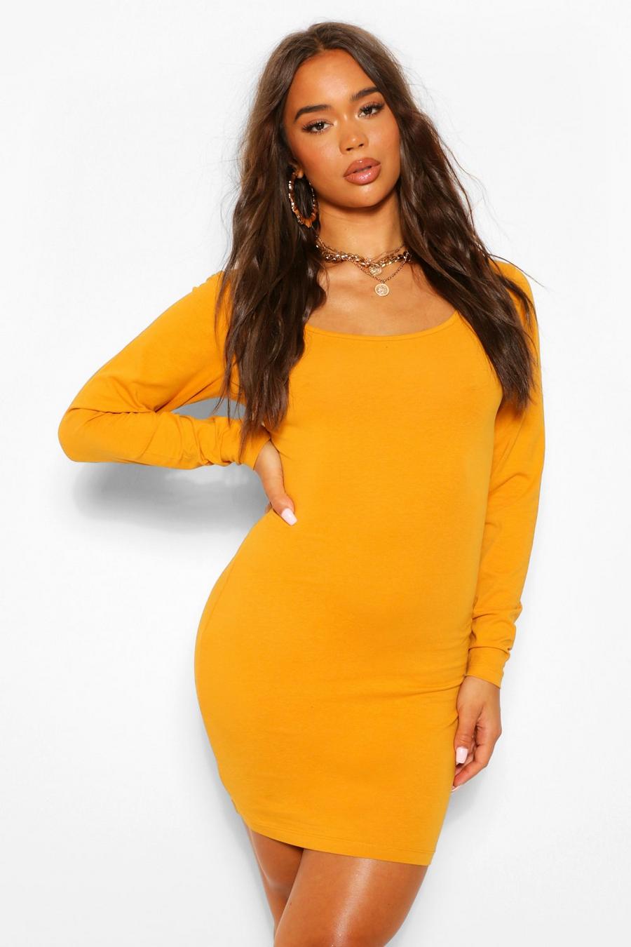 Mustard Square Neck Long Sleeve Bodycon Mini Dress image number 1