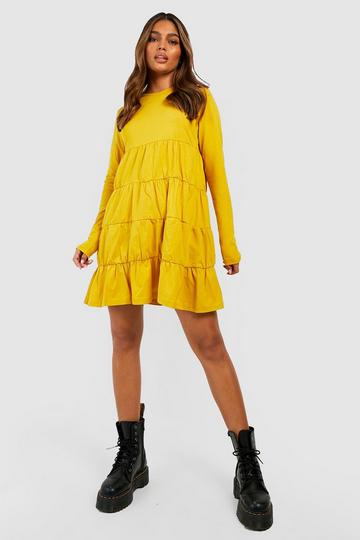 Long Sleeve Crew Neck Tiered Smock Dress mustard