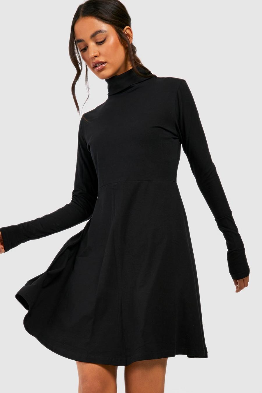 Black Basic Long Sleeve High Neck Skater Dress