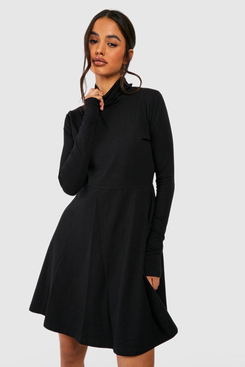 Basic Long Sleeve High Neck Skater Dress boohoo