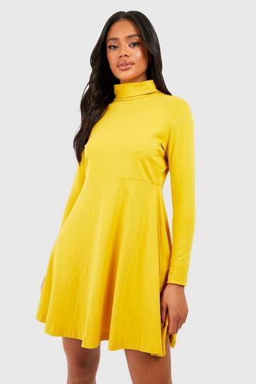 Mustard Yellow Basic Long Sleeve High Neck Skater Dress