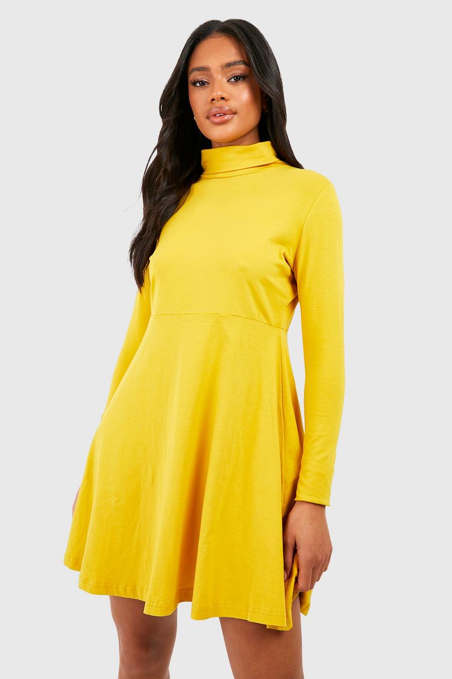 Mustard yellow Basic Long Sleeve High Neck Skater Dress
