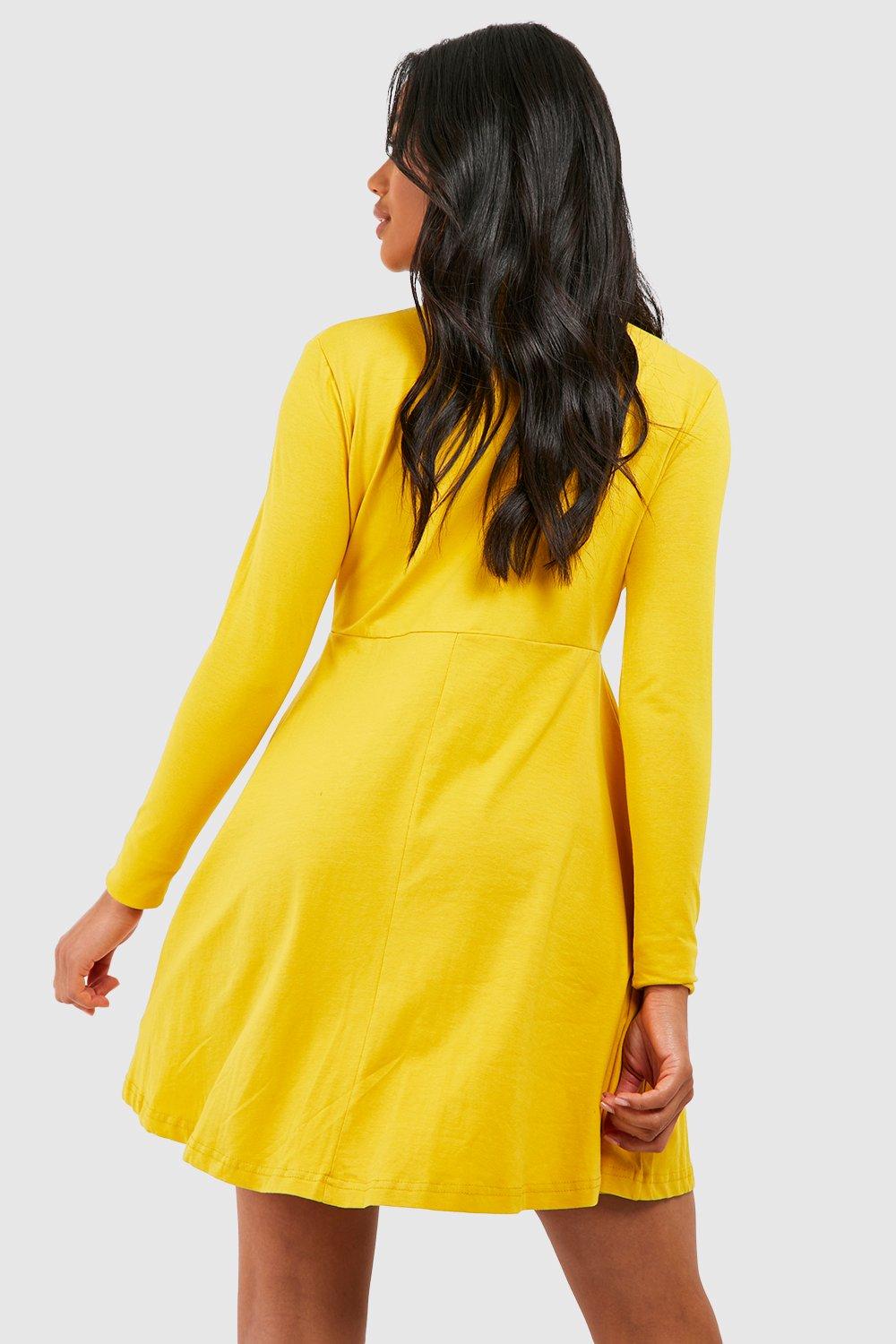 Vintage dark yellow long sleeves outlet and high collar dress