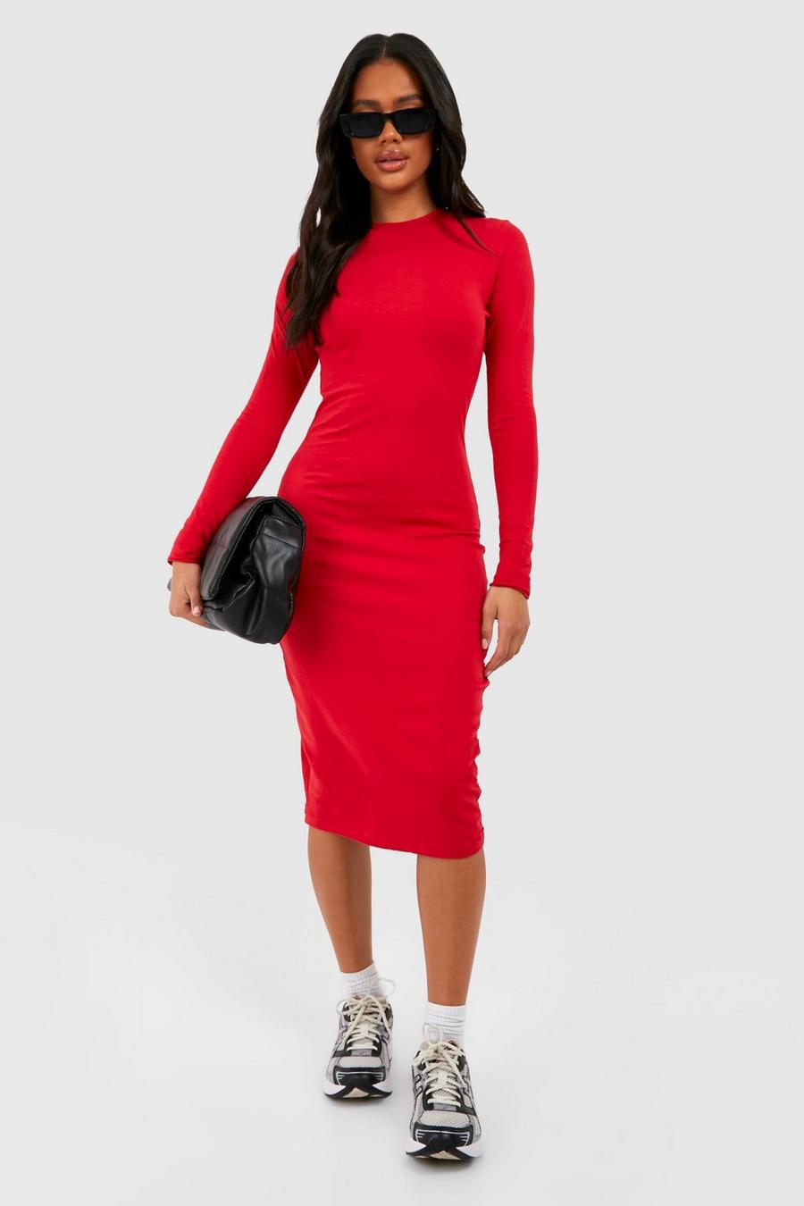 Berry red Basic Long Sleeve Crew Neck Midi Bodycon Dress image number 1