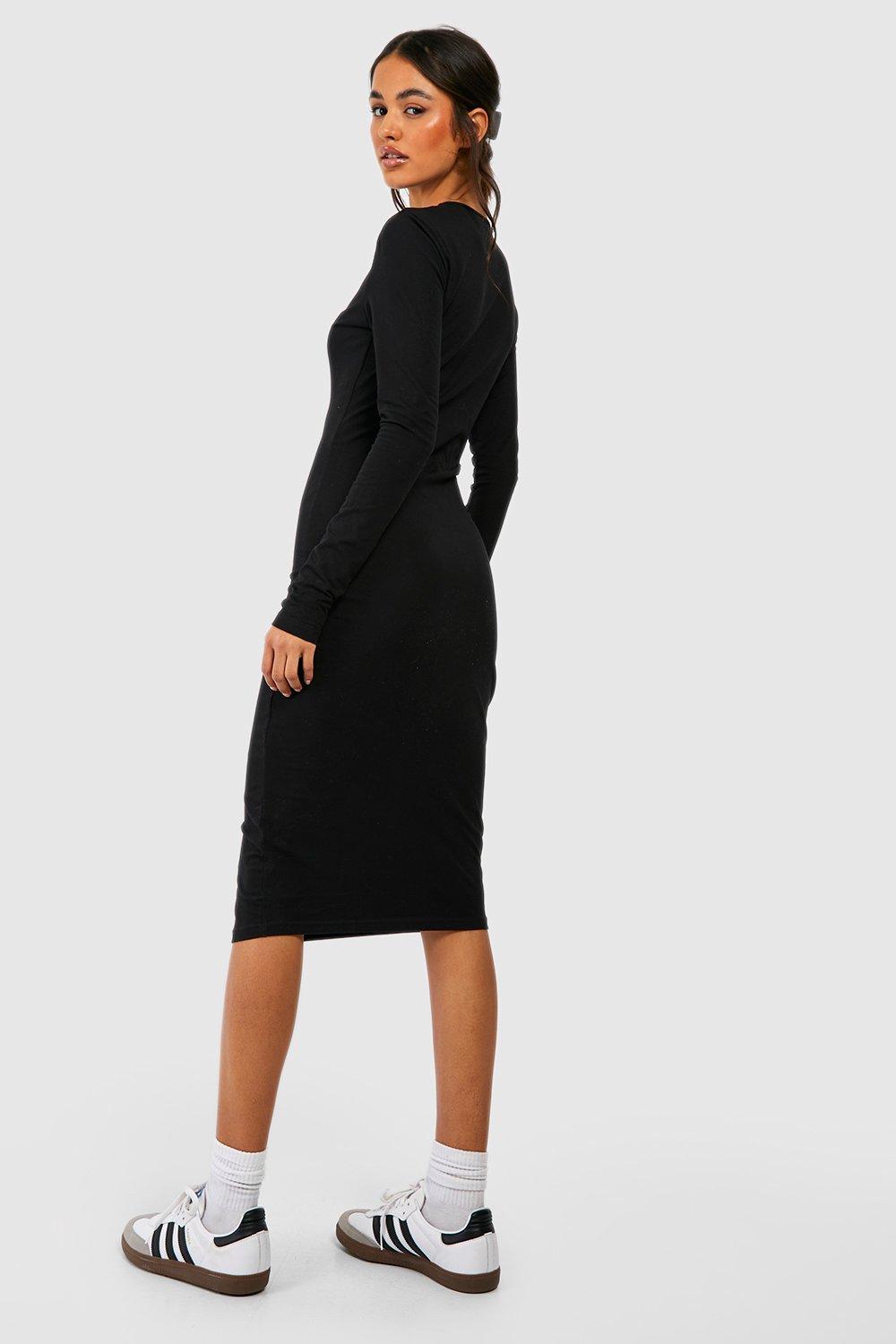 Basic Black Ribbed Long Sleeve Midi Dress