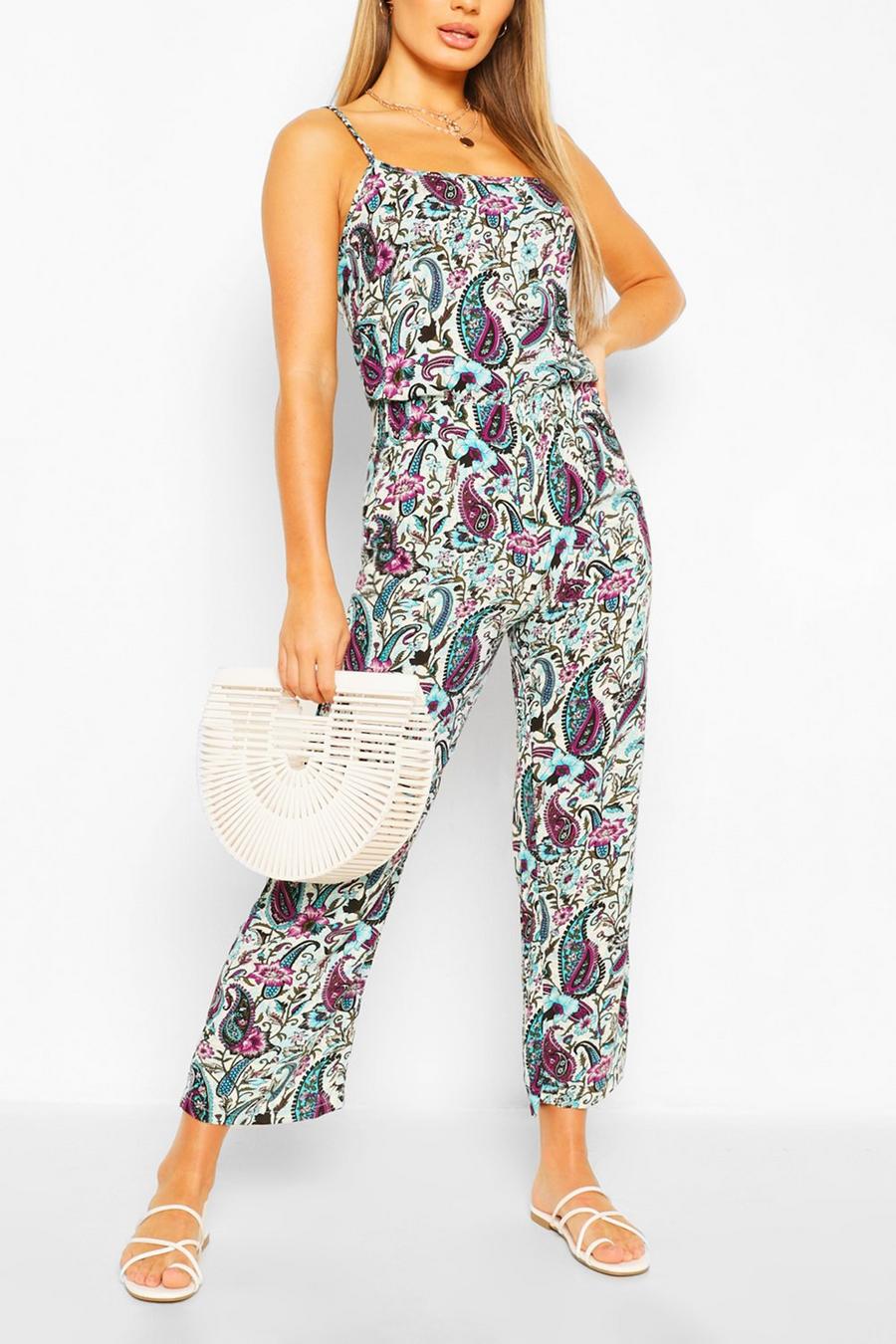 Blue Woven Paisley Print Strappy Cami Jumpsuit image number 1