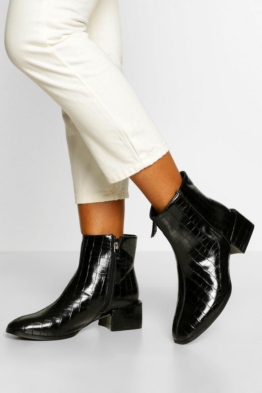 Black Low Block Heel Zip Side Shoe Boot image number 1