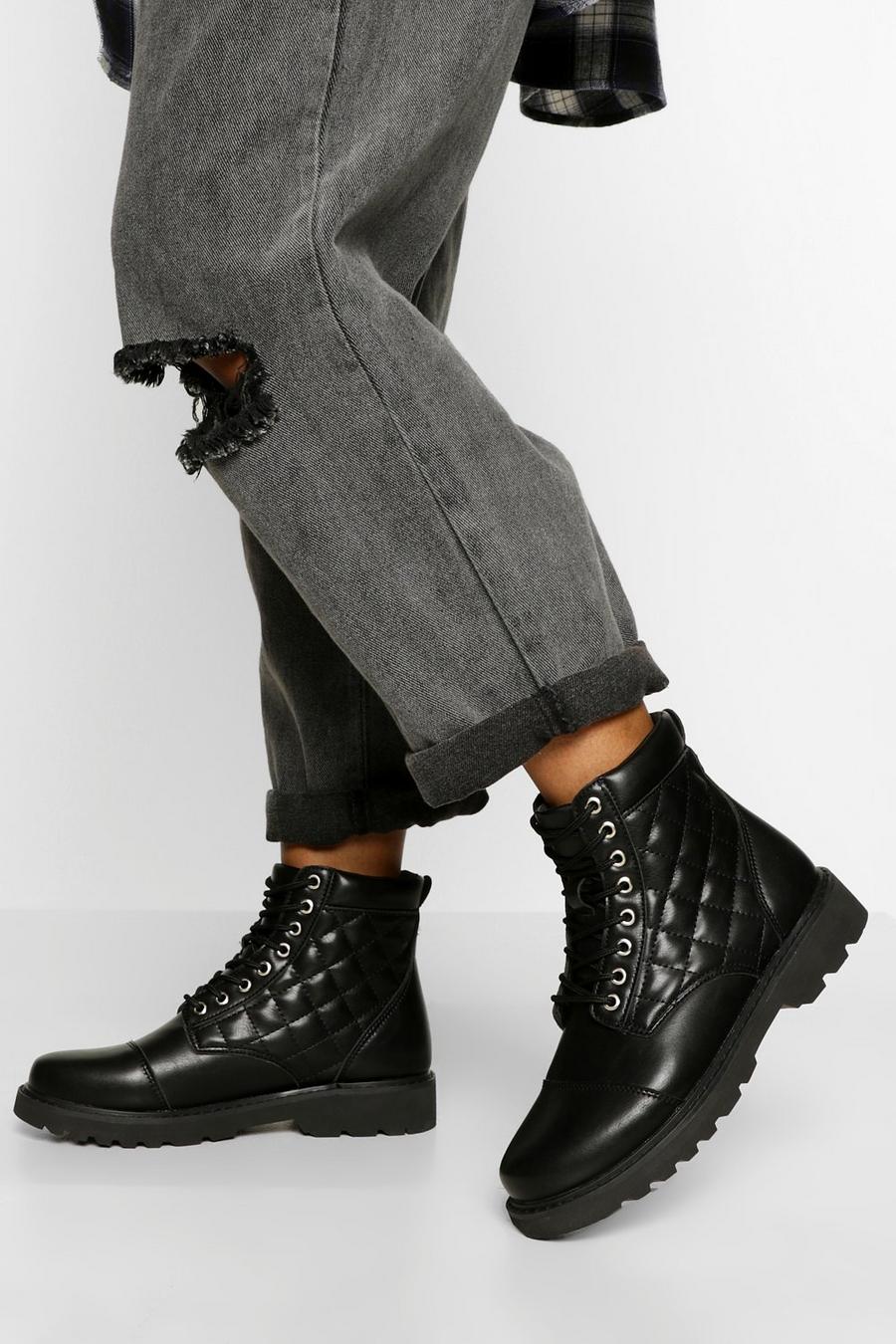 Black Quilted Chunky Combat Boots image number 1