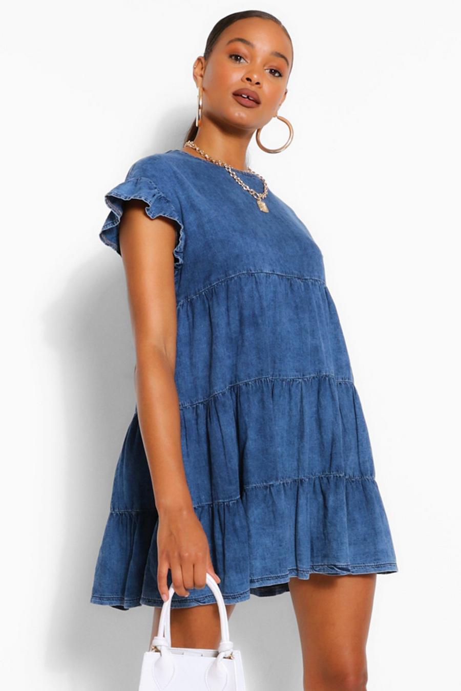 Gerüschtes Smok-Kleid aus Chambray, Mittelblau blue