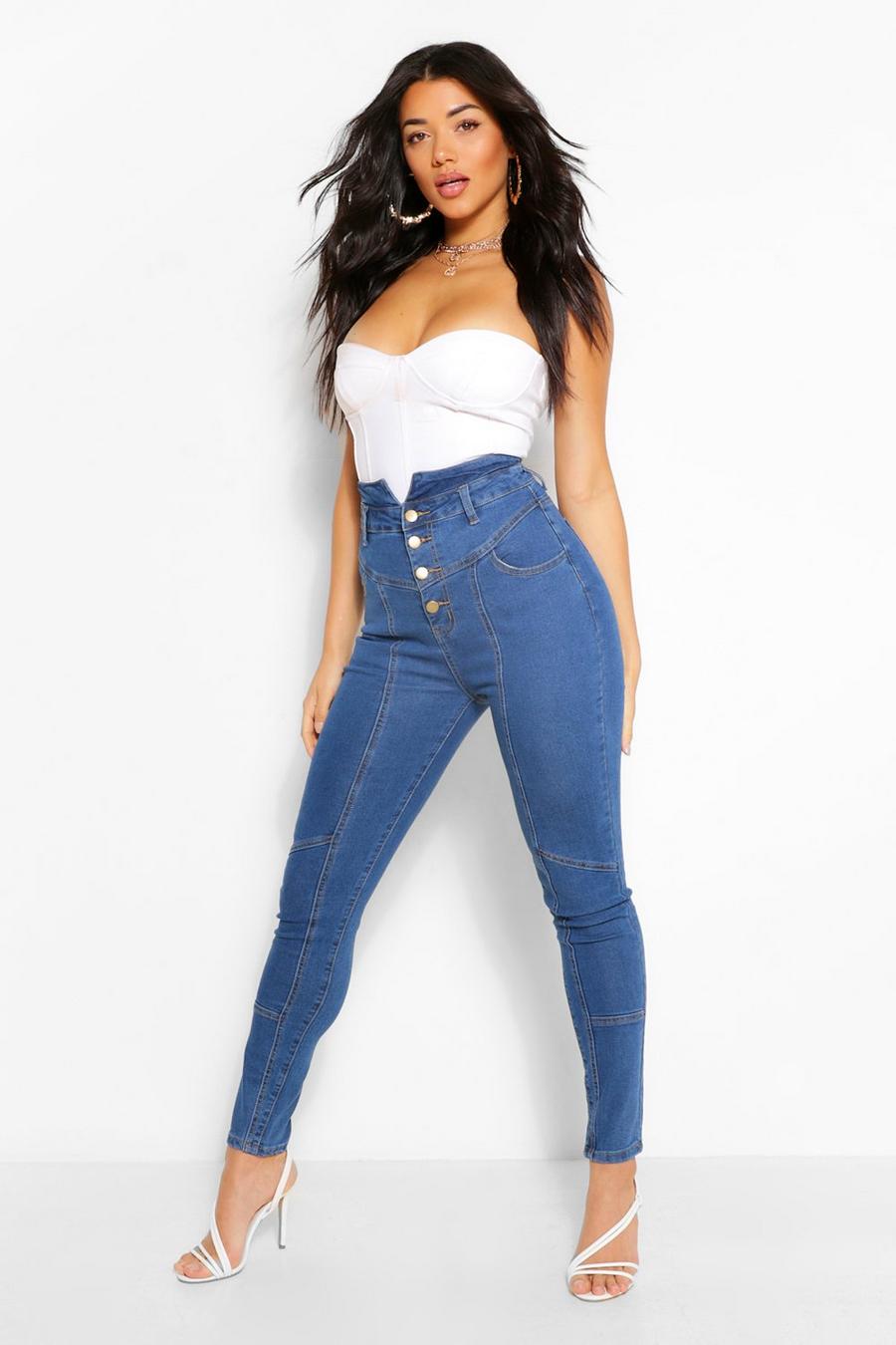 כחול ביניים סקיני ג'ינס High Waisted עם קרעים image number 1