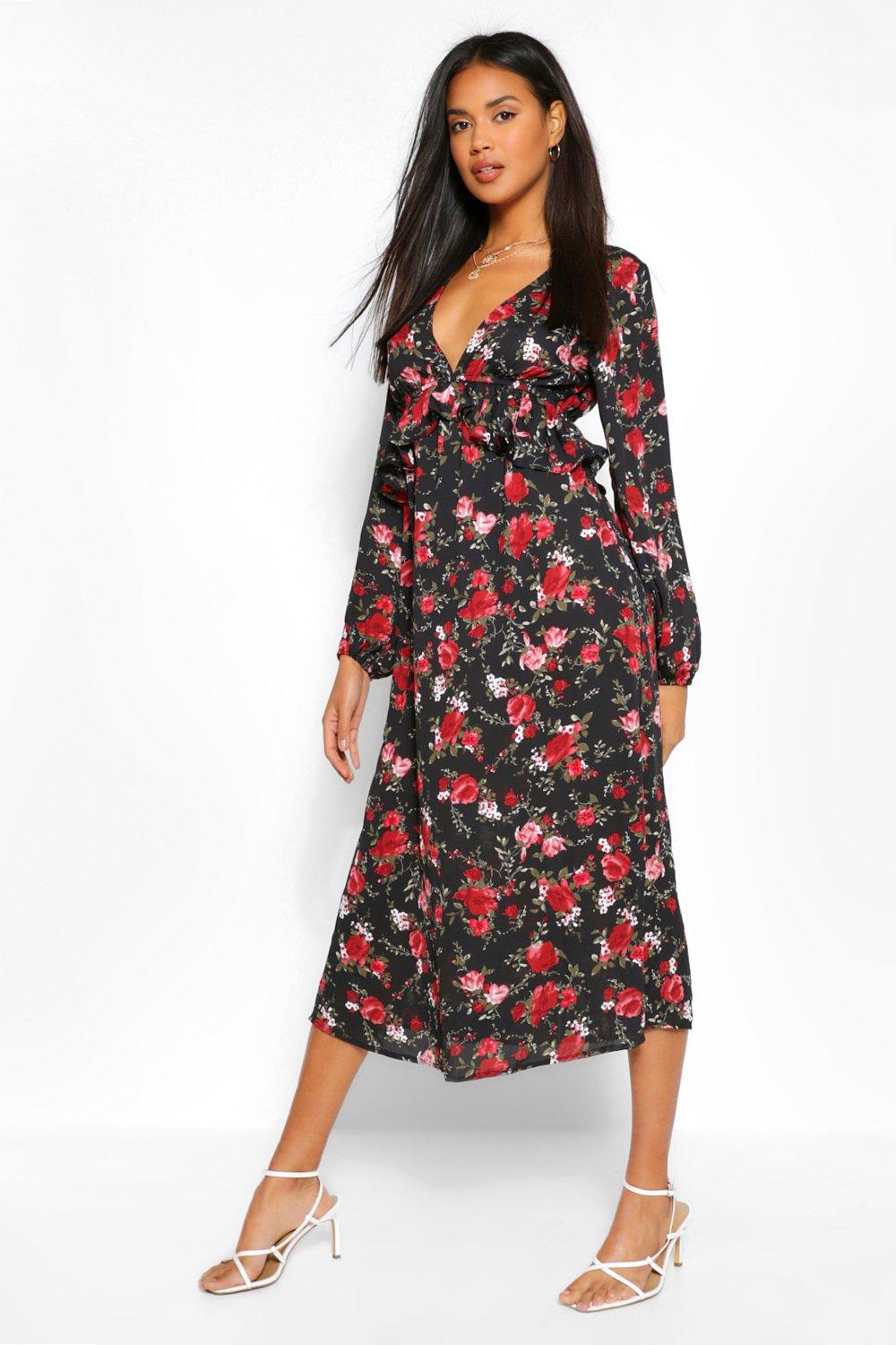 sorpresa Rápido Absoluto Vestido de corte por debajo de la rodilla con abertura lateral, escote  pronunciado, cintura con volante y estampado de flores | boohoo