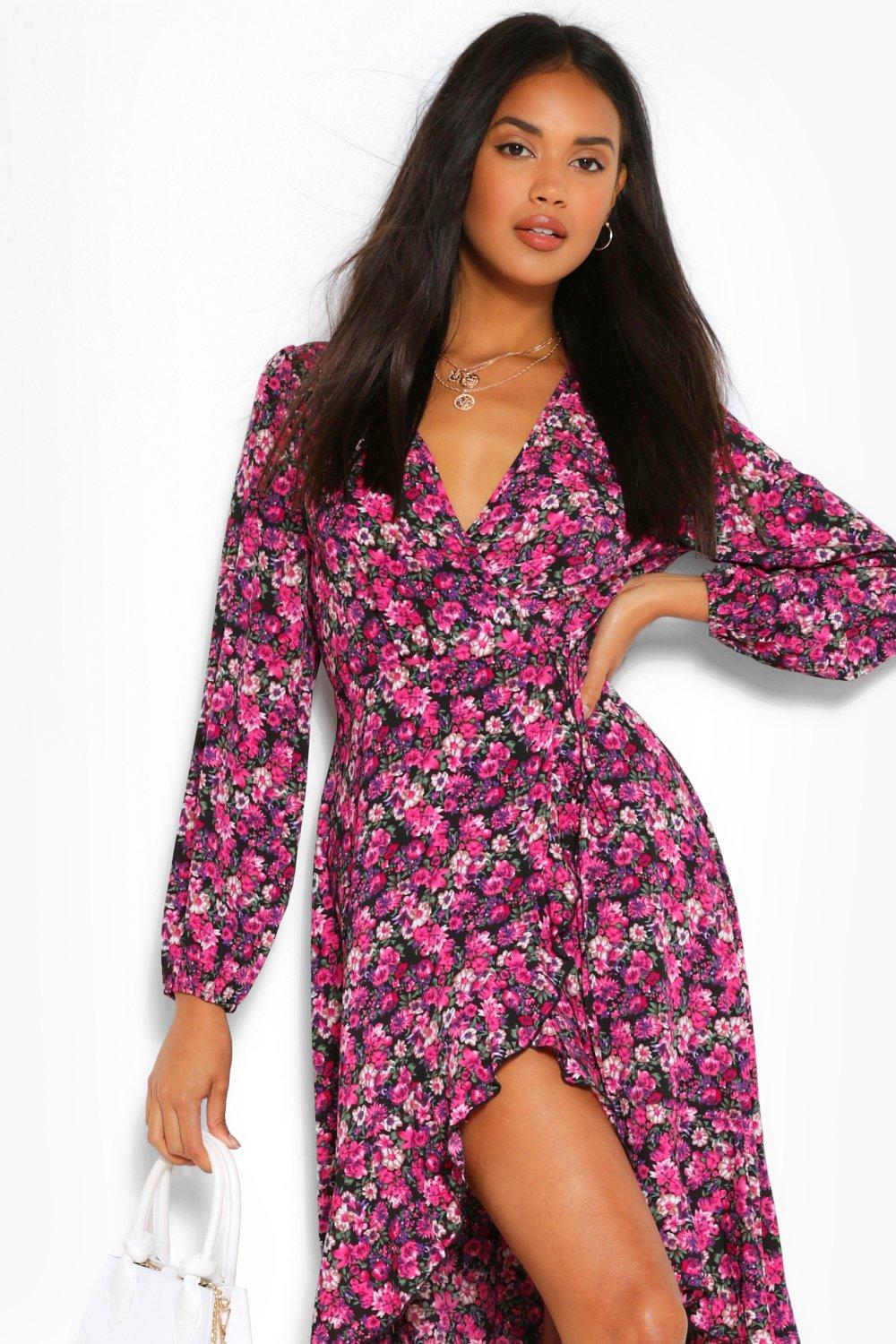 boohoo ruffle wrap midi dress in floral