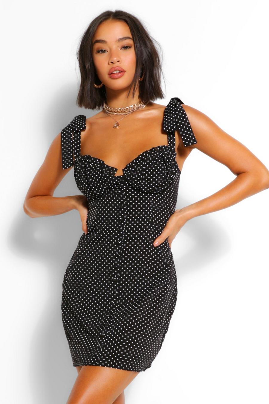 Mini-Kleid mit Schnürung, geraffter Brust und Punktmuster, Schwarz image number 1