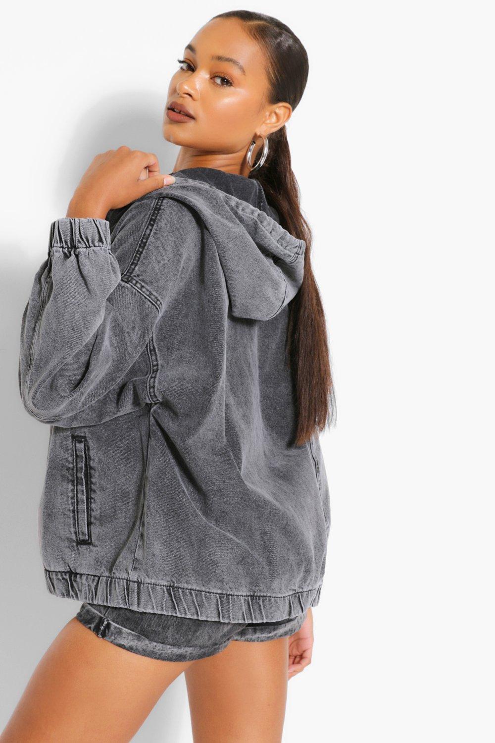 Hooded Zip Denim Bomber Jacket boohoo