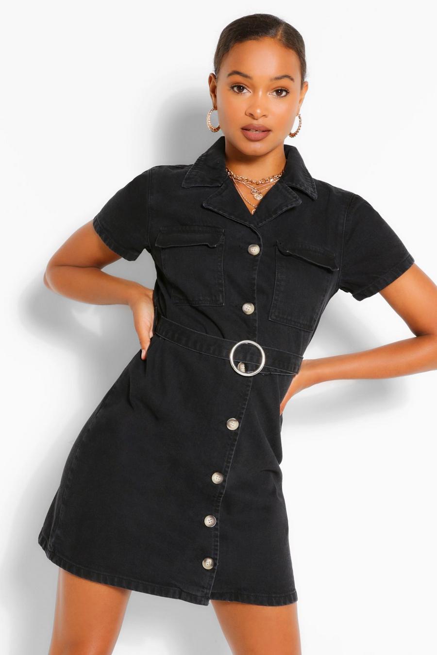 שחור שמלה מבד ג'ינס עם חגורה image number 1