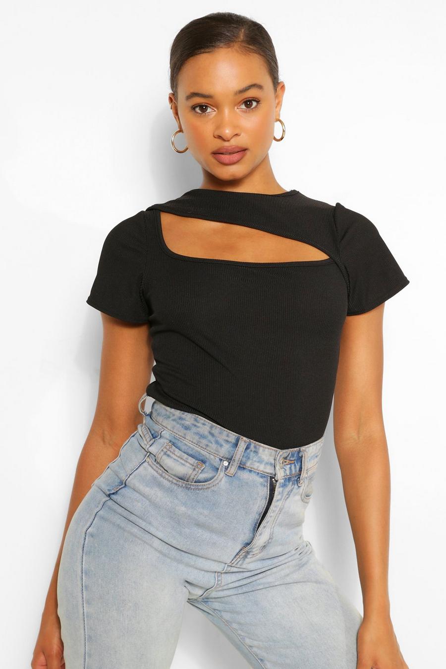 Black RIBBED ASYMMETRIC CUT OUT TOP image number 1