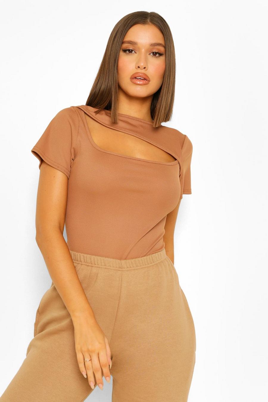 Camel RIBBED ASYMMETRIC CUT OUT TOP image number 1