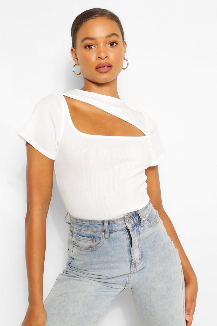 Ivory RIBBED ASYMMETRIC CUT OUT TOP image number 1