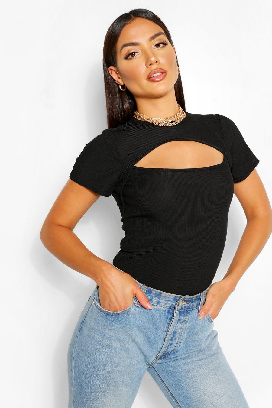 Black RIBBED CUT OUT CAPPED SLEEVE TOP image number 1