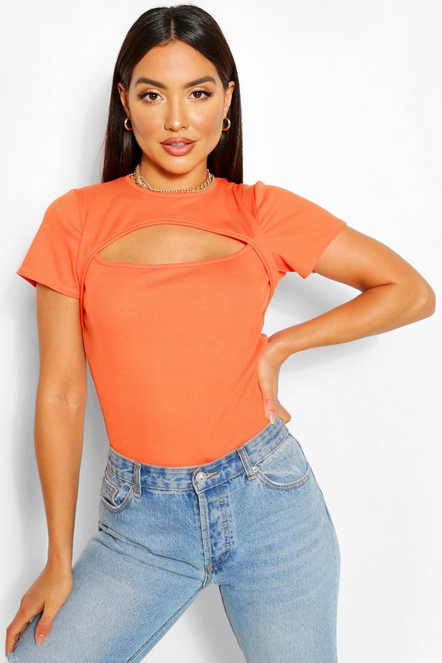 Orange RIBBED CUT OUT CAPPED SLEEVE TOP image number 1