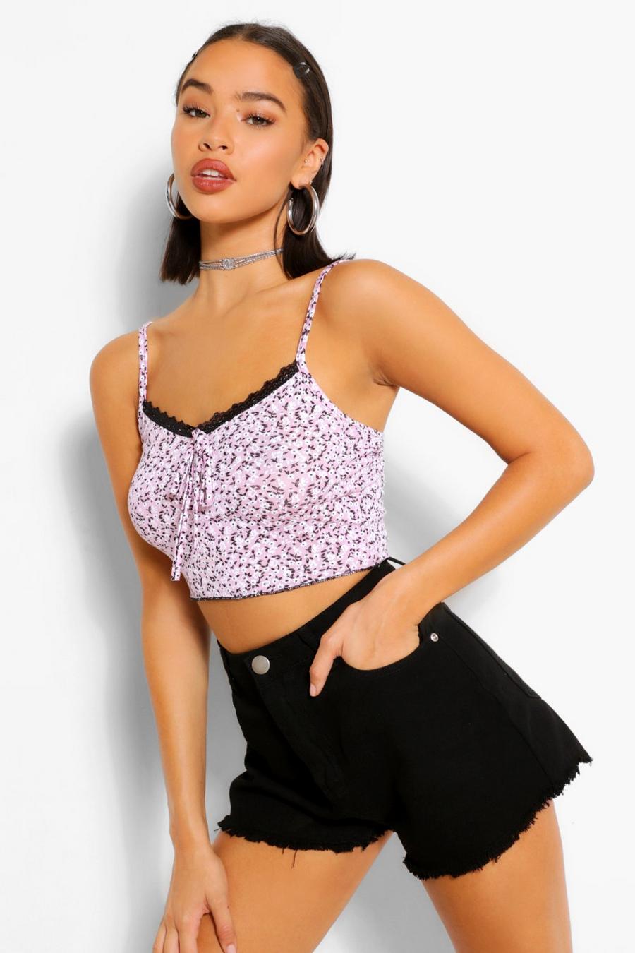 Lilac DITSY FLORAL LACE TRIM CROP CAMI image number 1