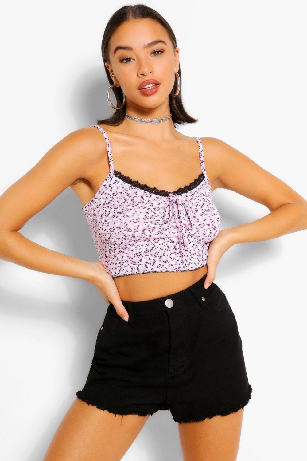 Floral Contrast Lace Trim Strappy Cropped Cami