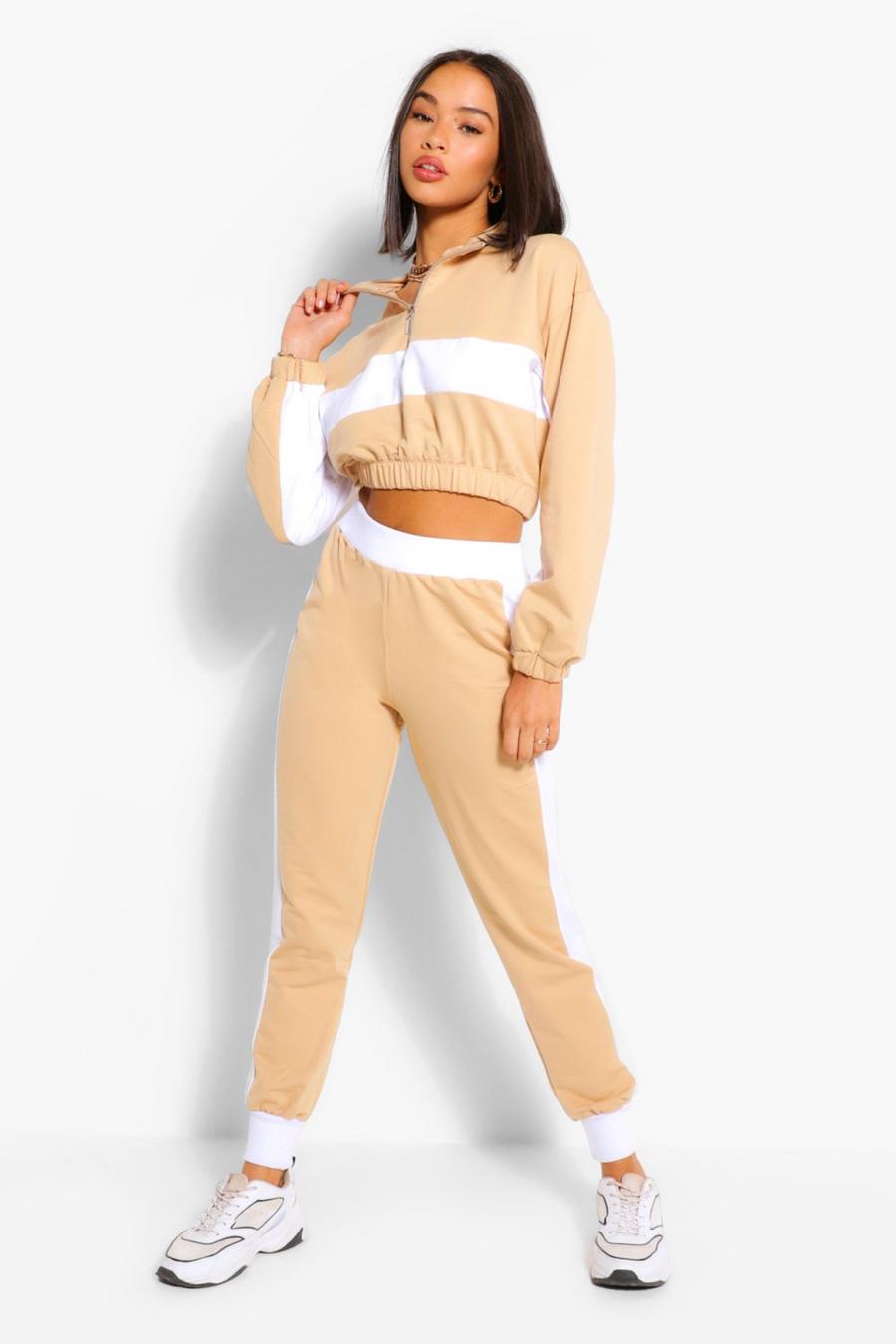 Beige Colour Block Half Zip Sweat And Track Pants Tracksuit image number 1