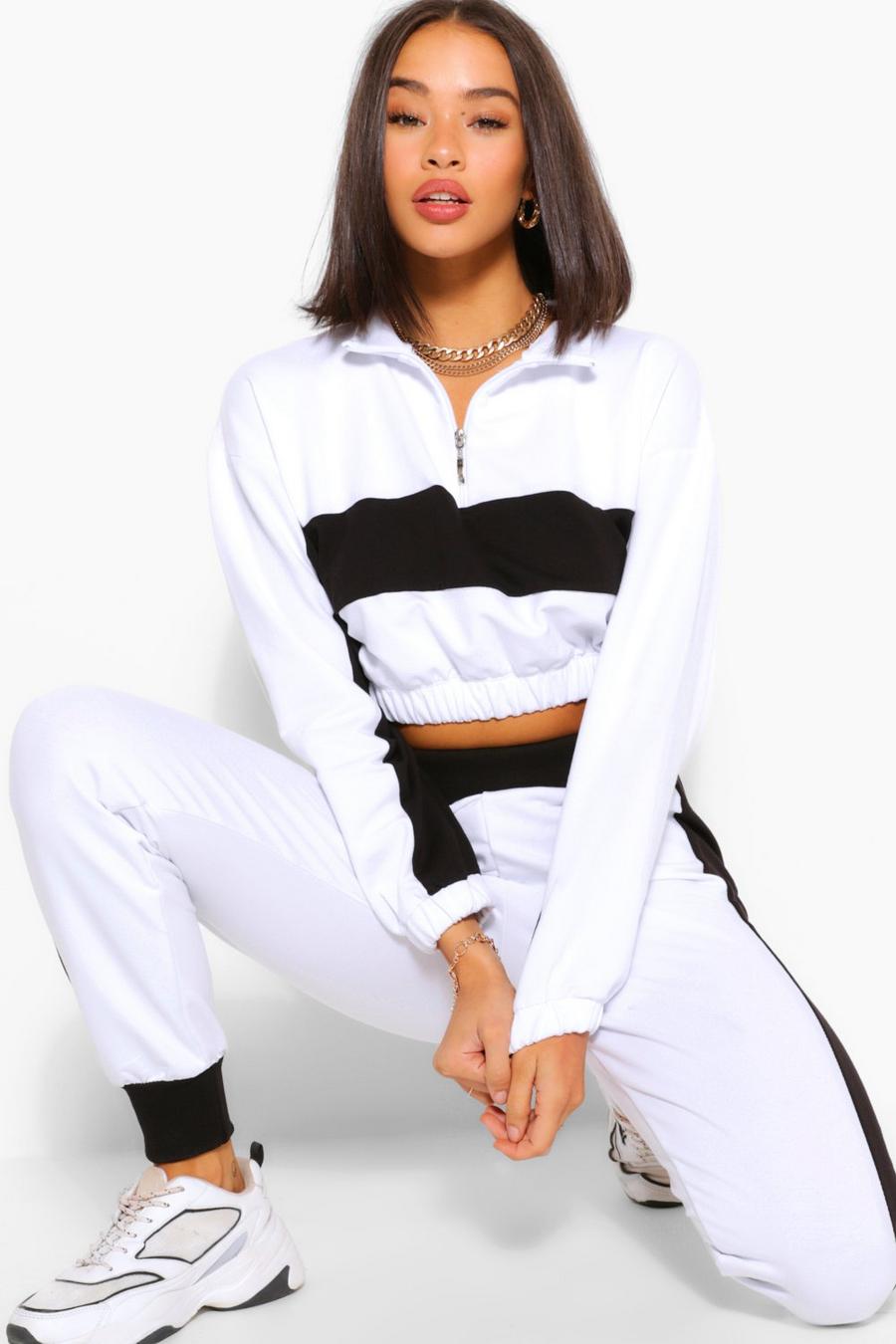 White Colour Block Half Zip Sweat And Joggers Tracksuit image number 1