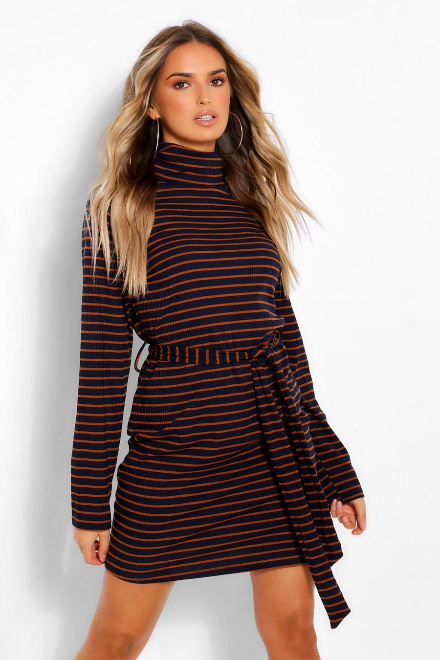 Stripe High Neck Belted Mini Bodycon Dress image number 1