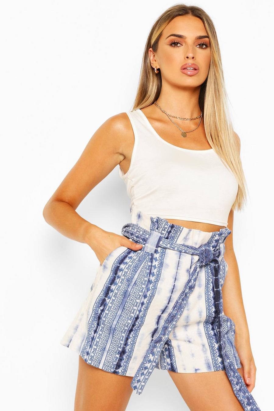 Blue Tie Dye Print Cotton Twill Belted Shorts image number 1