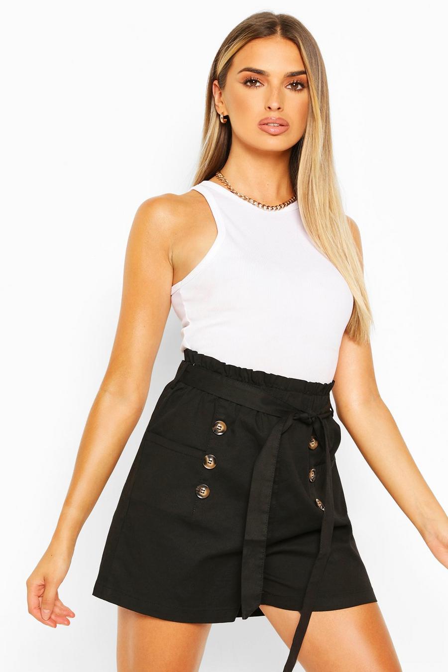 Black Cotton Mix Button Detail Belted Shorts image number 1