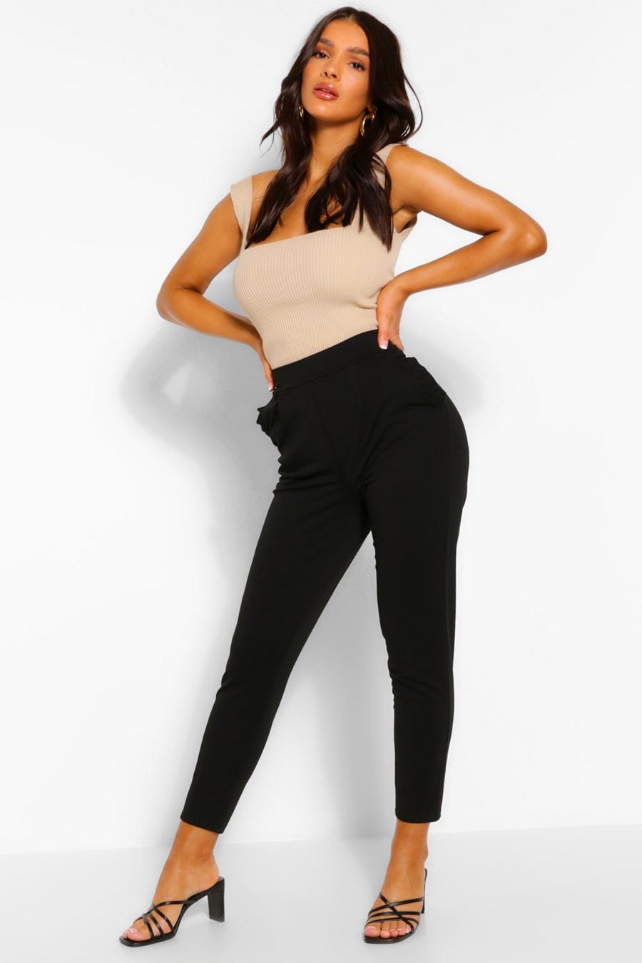 Black Tailored Tapered Ruffle Pocket Pants image number 1