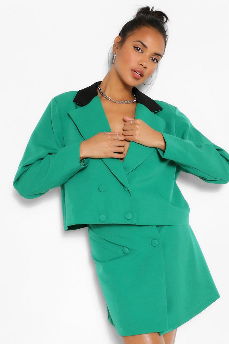 Green Contrast Collar Double Breasted Crop Blazer image number 1