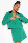 Green Contrast Collar Double Breasted Crop Blazer