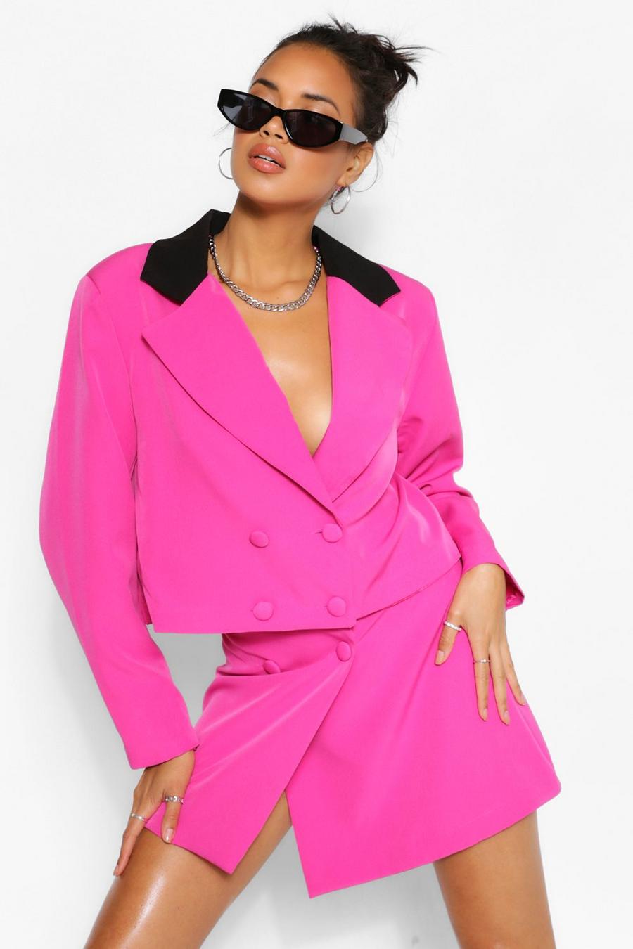 Hot pink Contrast Collar Double Breasted Crop Blazer image number 1