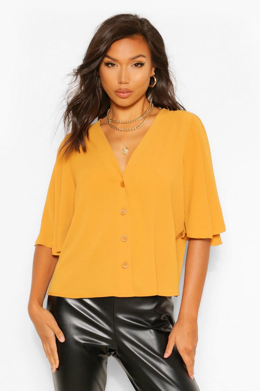 Mustard Button Through Woven Blouse image number 1