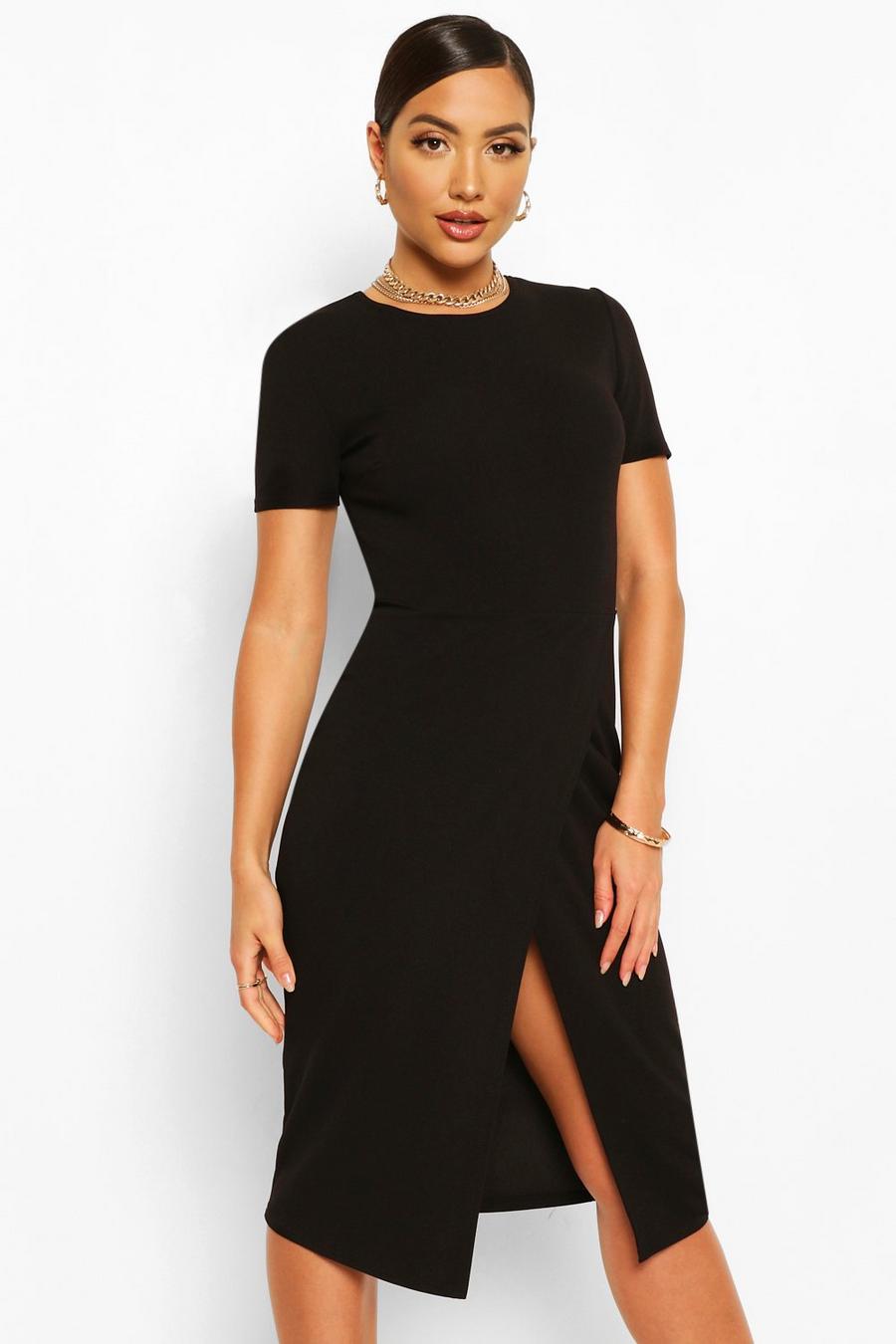 Black svart Short Sleeve Wrap Midi Dress image number 1