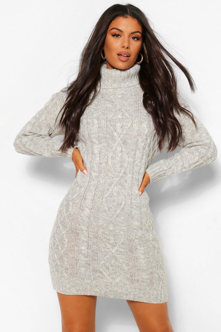 Grey Roll Neck Cable Knit Dress image number 1