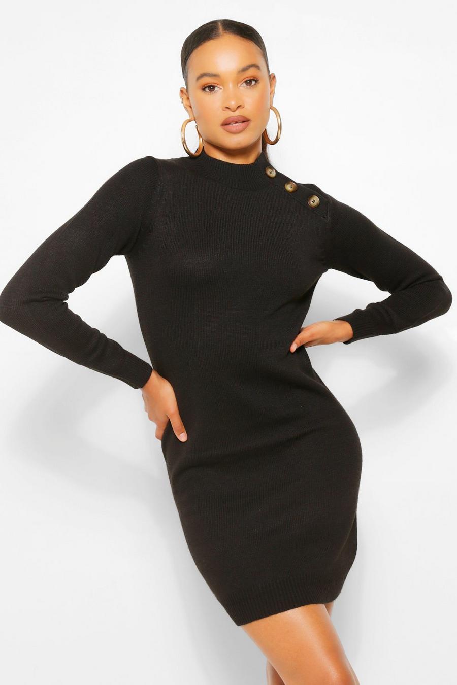 שחור שמלה סרוגה עם כפתורים בכתפיים image number 1