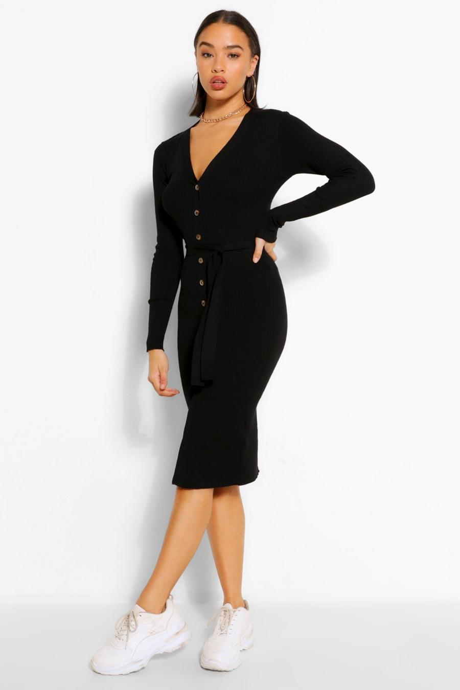 Black Belted Rib Knit Button Through Midi Dress image number 1