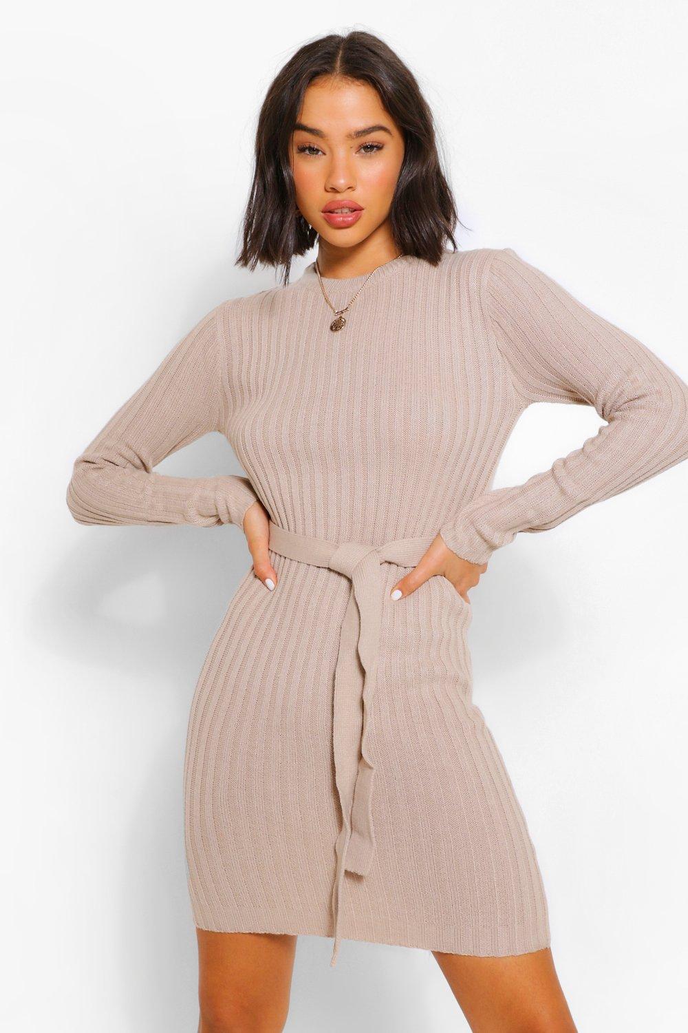 Belted ribbed knit dress sale